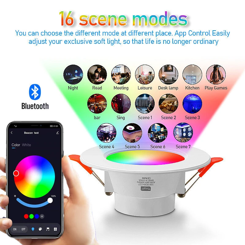 (image for) 10W LED Smart Downlight RGB+CCT 16 Million Colors 2700K~6500K 800 Lumens Works With Alexa Voice Tuya Bluetooth APP Control