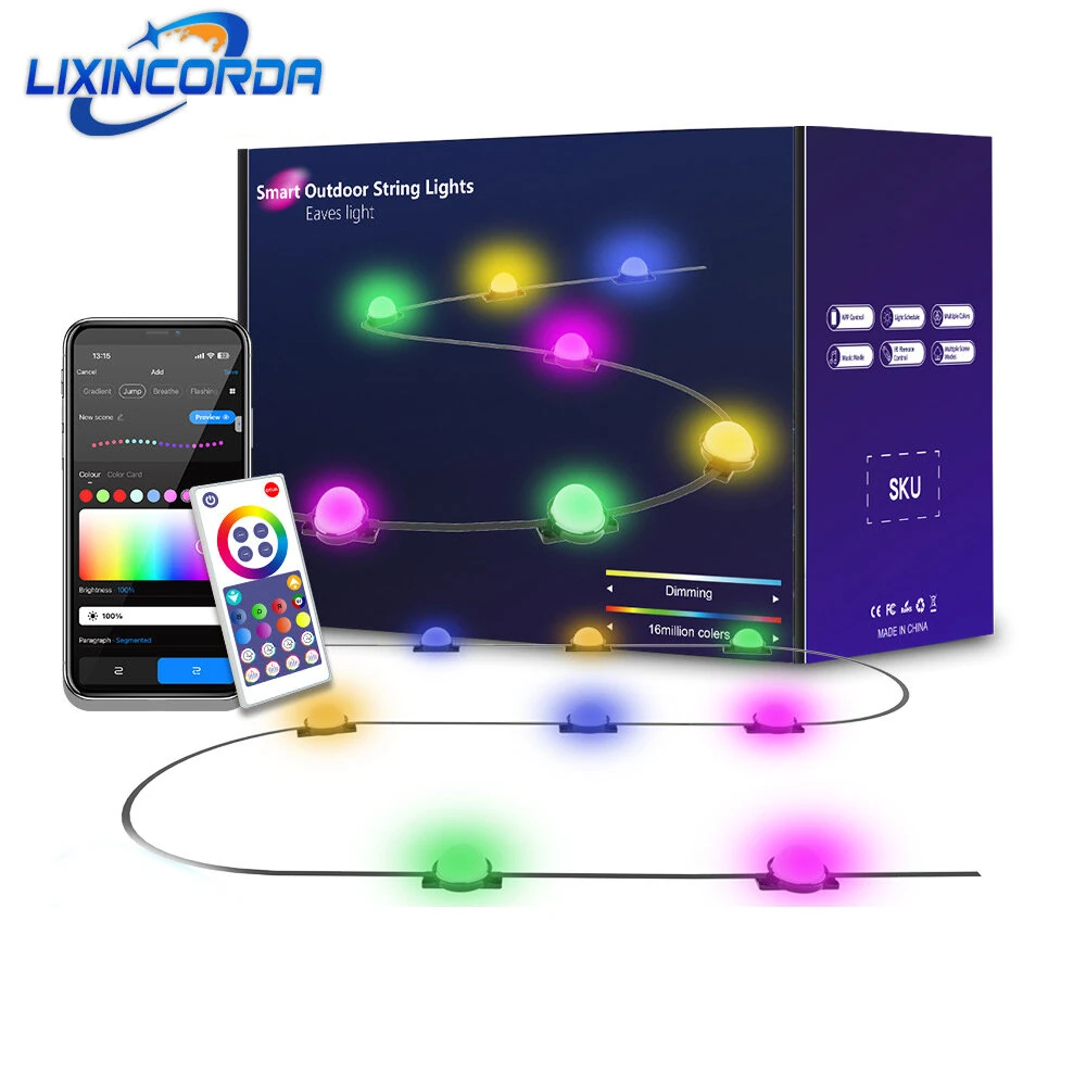 LIXINCORDA 49ft 33LED/ 32.8ft 20LED Smart RGB LED String Lights Outdoor IP65 Waterproof APP/Remote Control Music Sync Patio & Garden Lights (image for) LIXINCORDA 49ft 33LED/ 32.8ft 20LED Smart RGB LED String Lights Outdoor IP65 Waterproof APP/Remote Control Music Sync Patio & Garden Lights